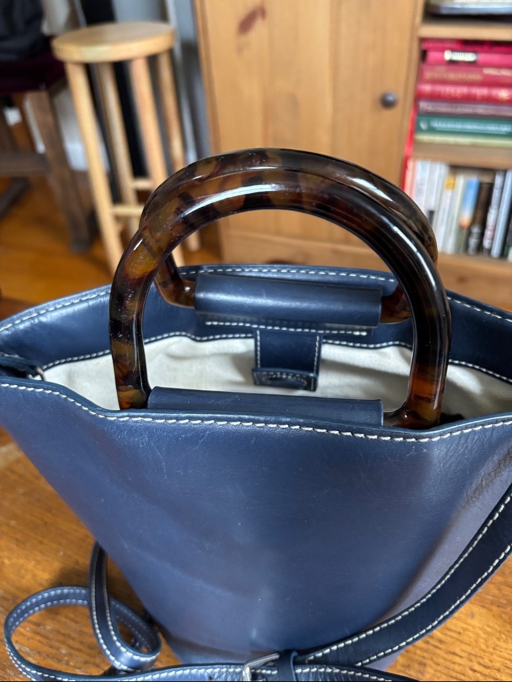 Loeffler Randall Navy Blue Leather Bucket Bag Purse with Tortoiseshell Handle - Picture 4 of 7